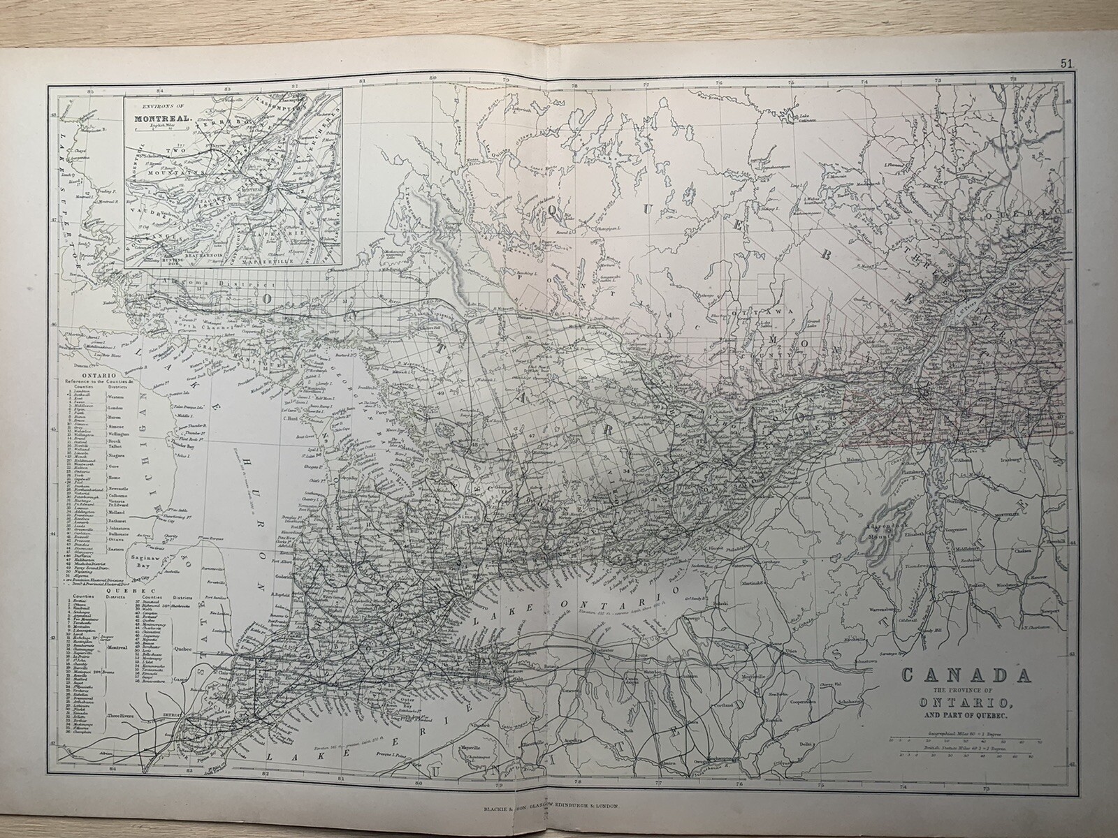 1882 ONTARIO & WEST QUEBEC ANTIQUE COLOUR MAP BY W.G. BLACKIE 138 YEARS OLD