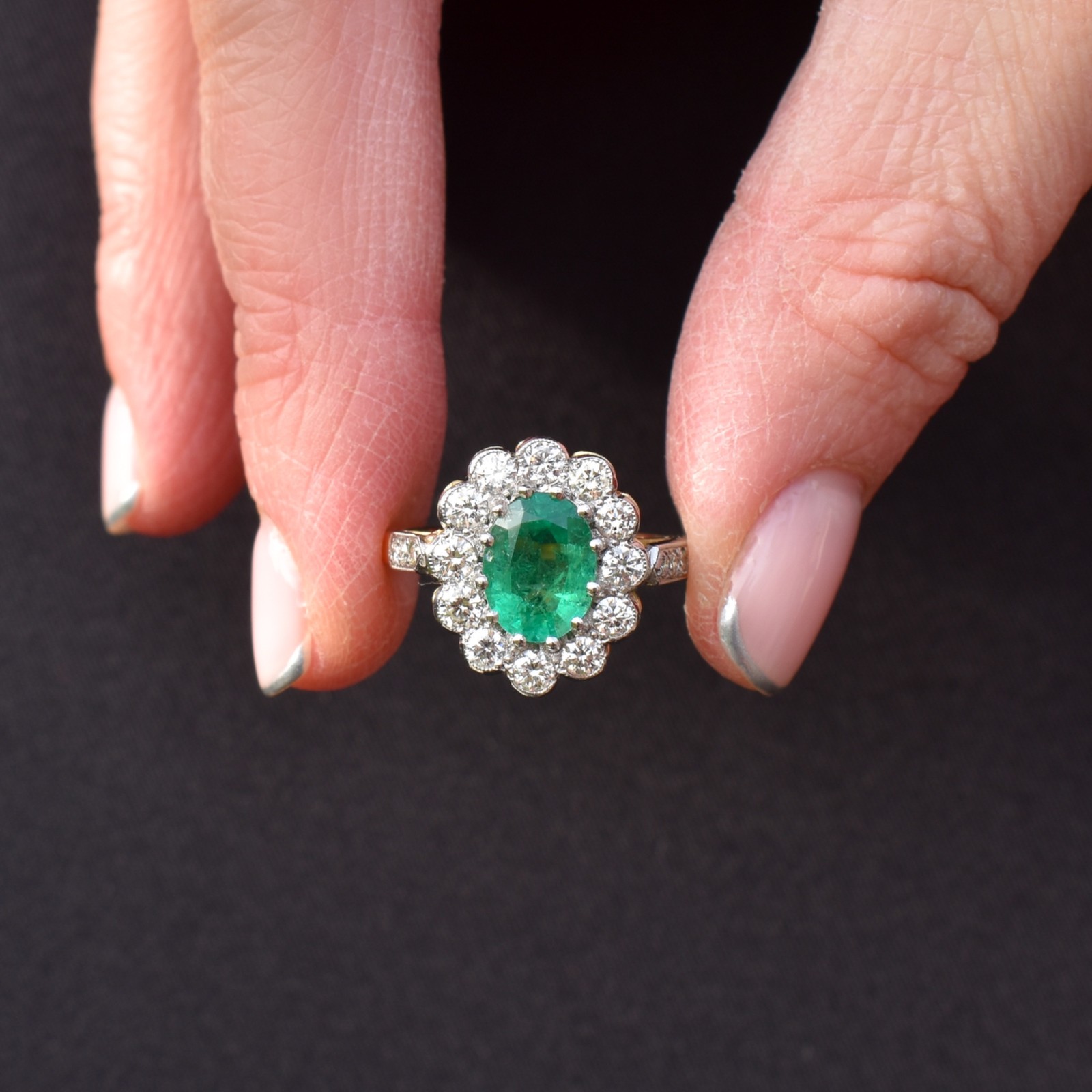 Emerald and Diamond Oval Cluster Halo 18ct Yellow Gold and Platinum Ring | Antiq