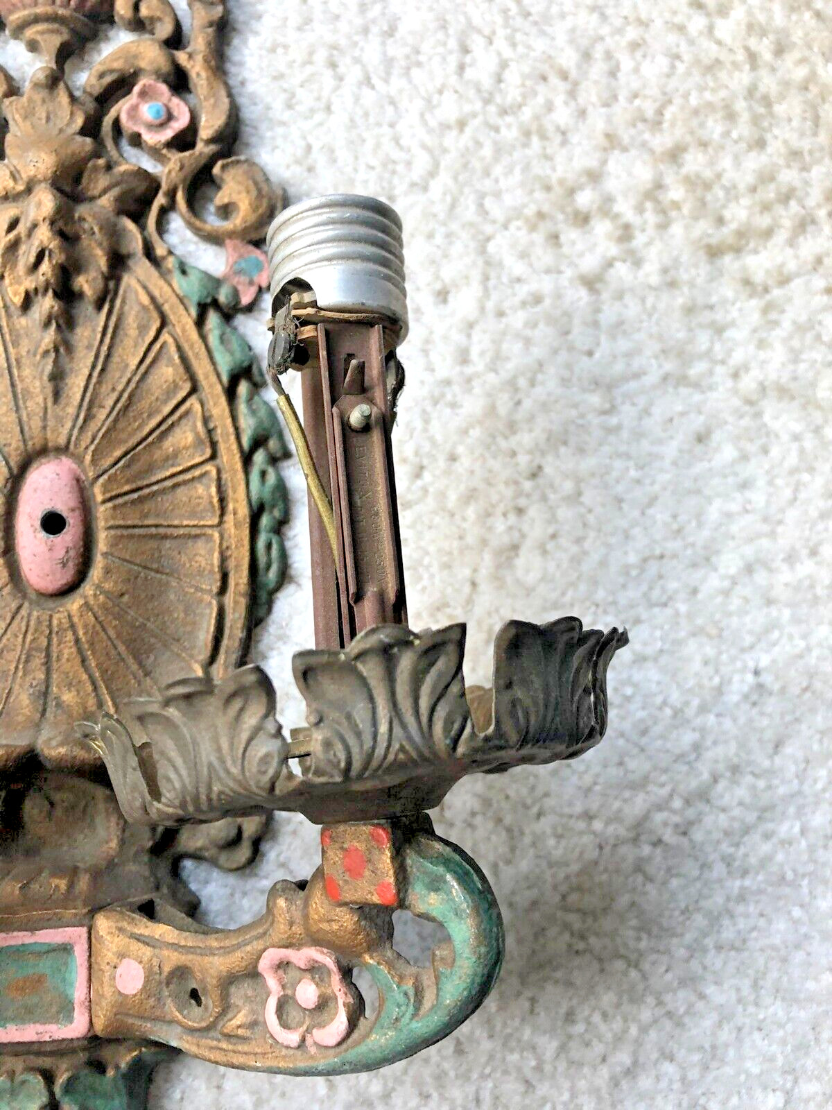 Antique Double Sconce Light Fixture Polychrome Painted Metal Western Commercial