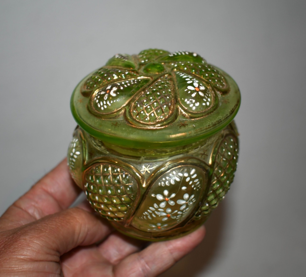 Antique Green Glass Lidded Cosmetic Container from Thailand