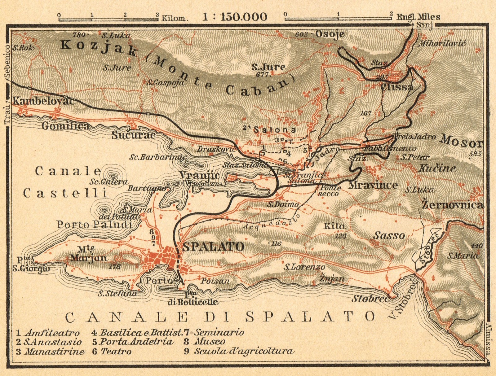 SPLIT Antique map Original map 1911 CROATIA Dalmatia Spalato