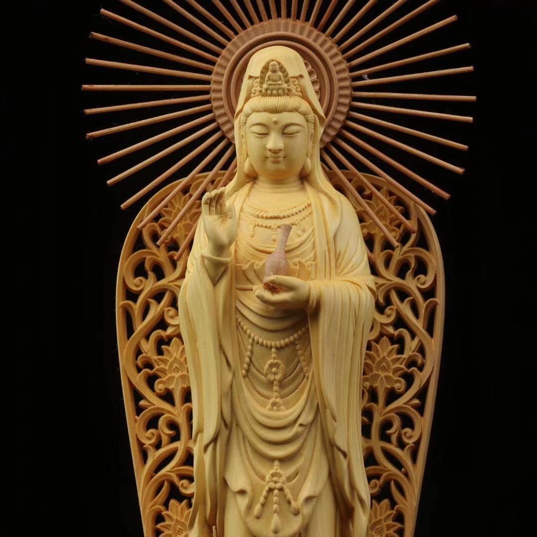 1Set 3Pcs Chinese Boxwood Carving Ru-lai Guan-yin Di-zangwang Buddhism statue