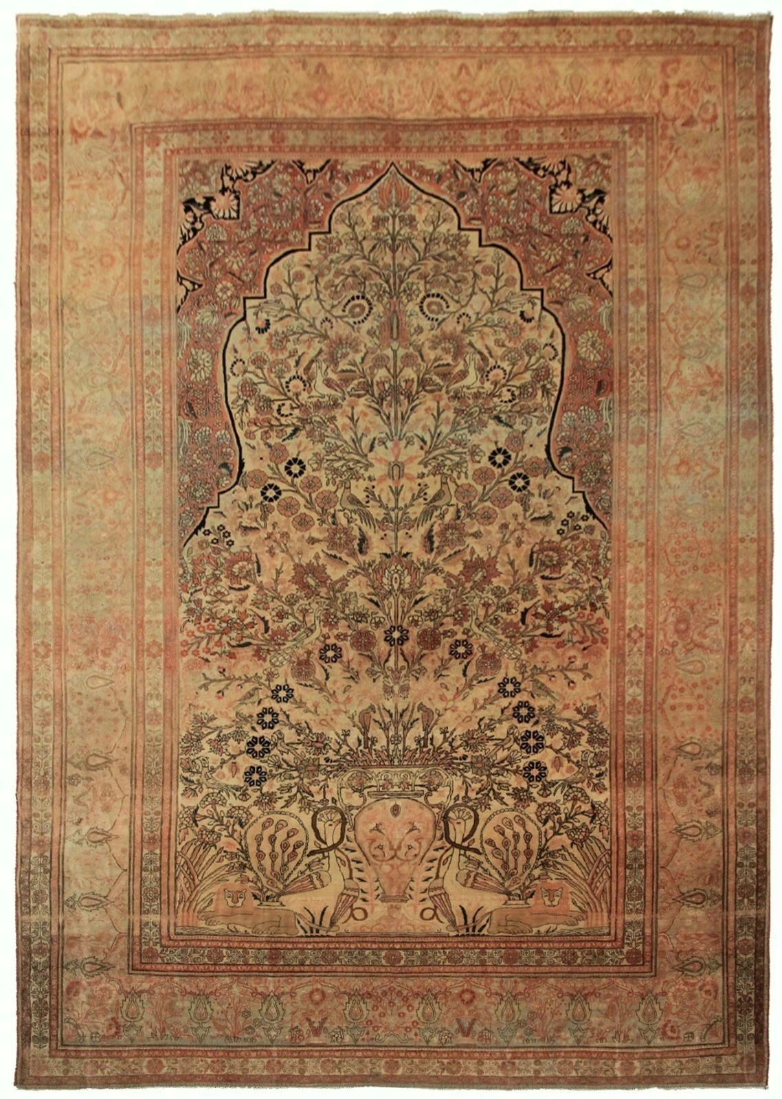 7×10 Hand Knotted Wool Rug Tree of Life Vase and Bird Motif Design Circa 1870