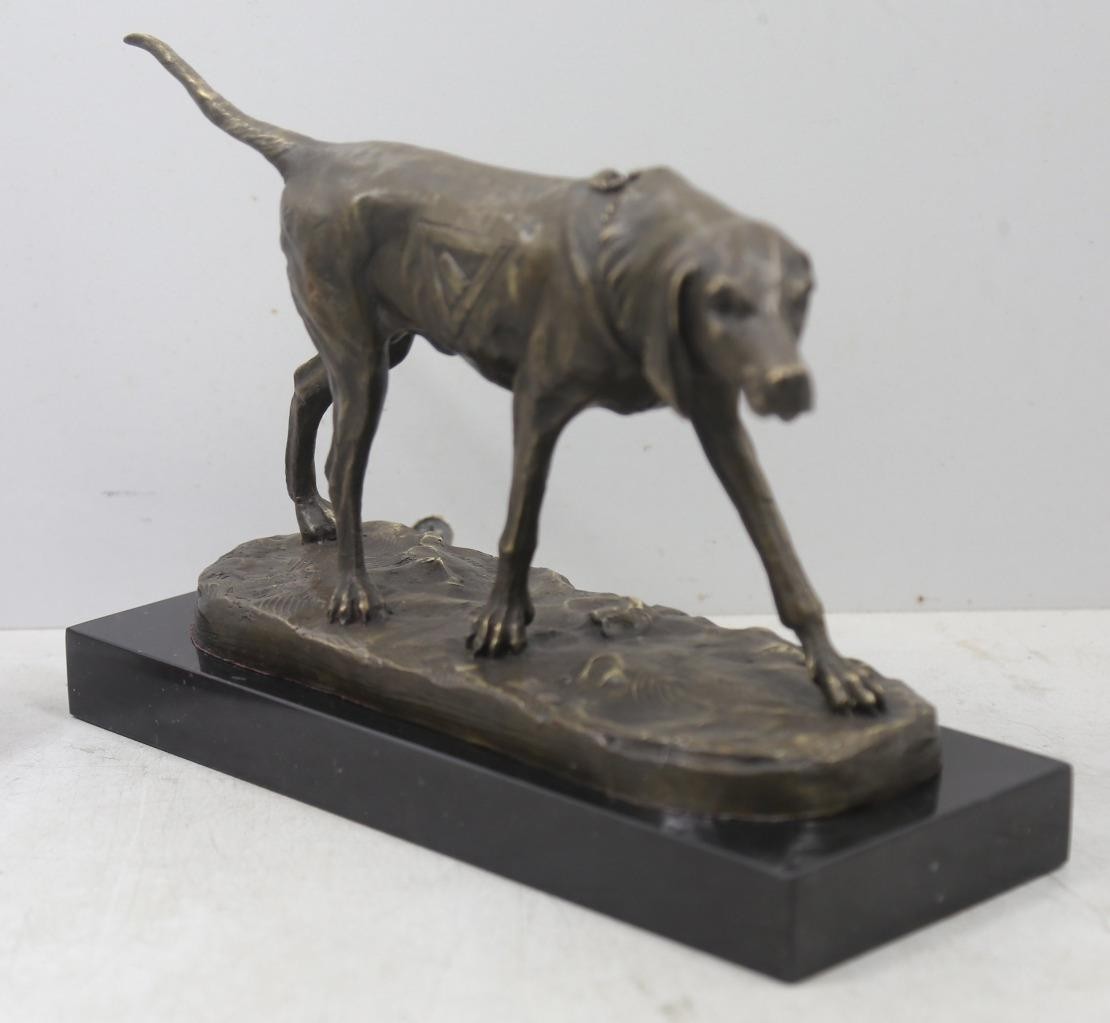 Bronze Hunting Dog on Solid Marble Base – Signed Moigniez – 32cm Long