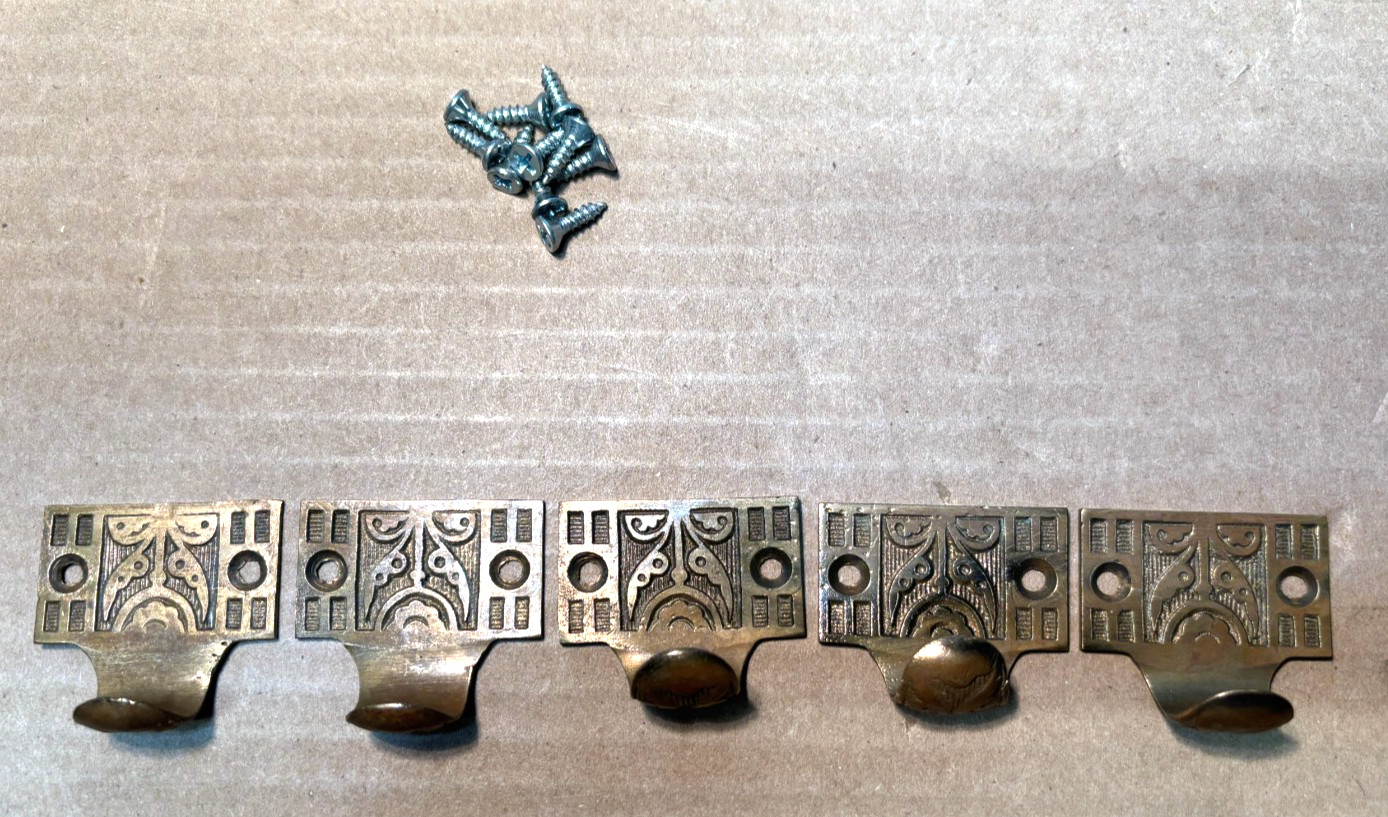 Antique Window Lift Pull Cast Brass Hardware Vtg Eastlake Sash Five Lot Set #N62