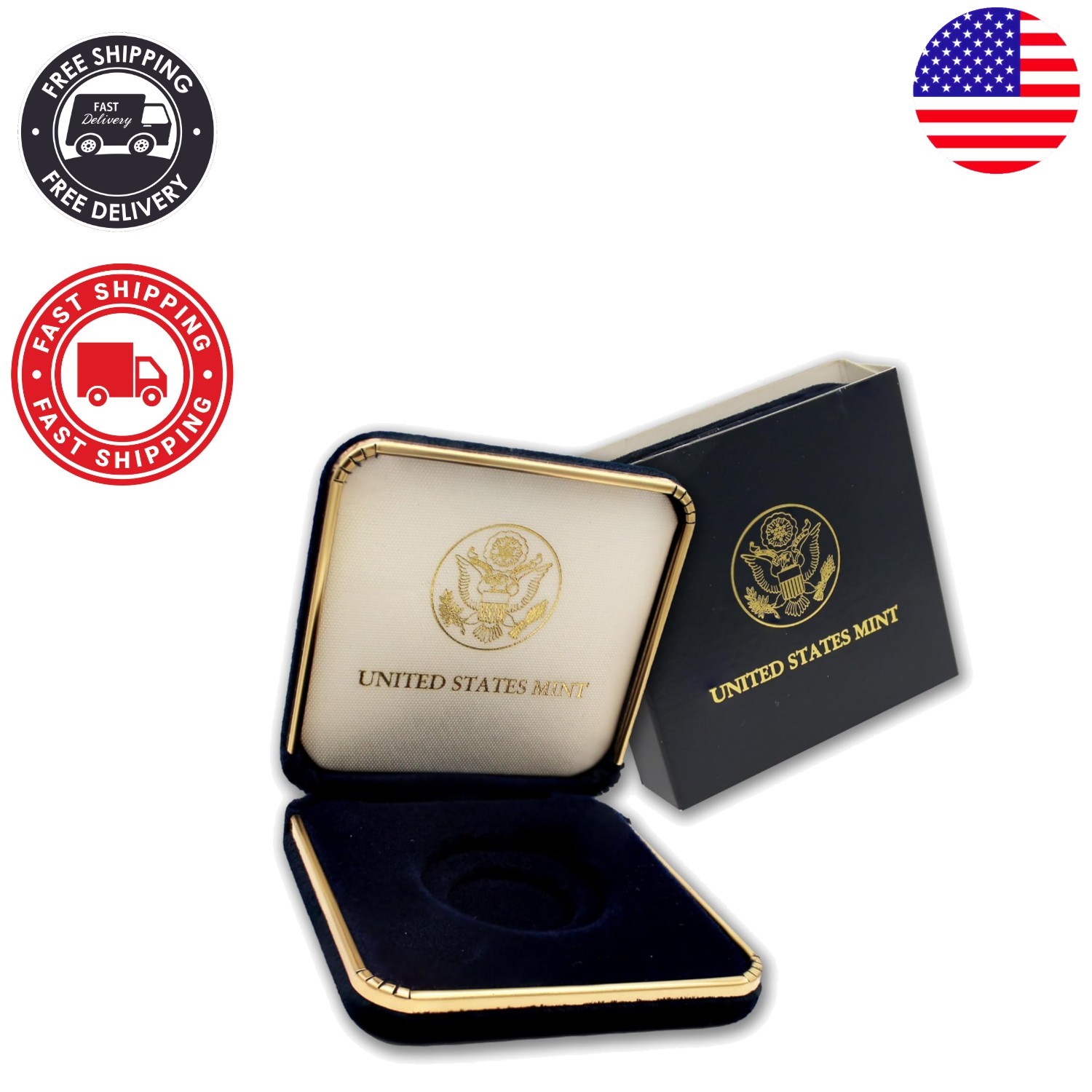 Stunning 1 oz Gold Coin Presentation Box – Dark Blue Velvet with U.S. Mint Logo