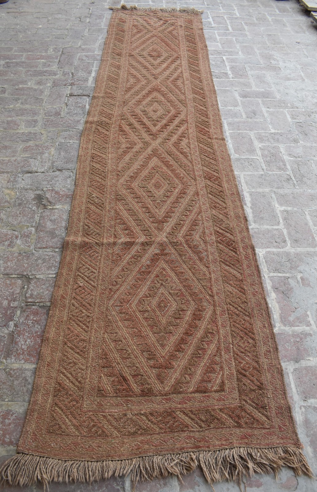 3 x 13 ft Afghan Tribal Mushvani Runner Beige Hand Knotted Turkish Geometric Rug