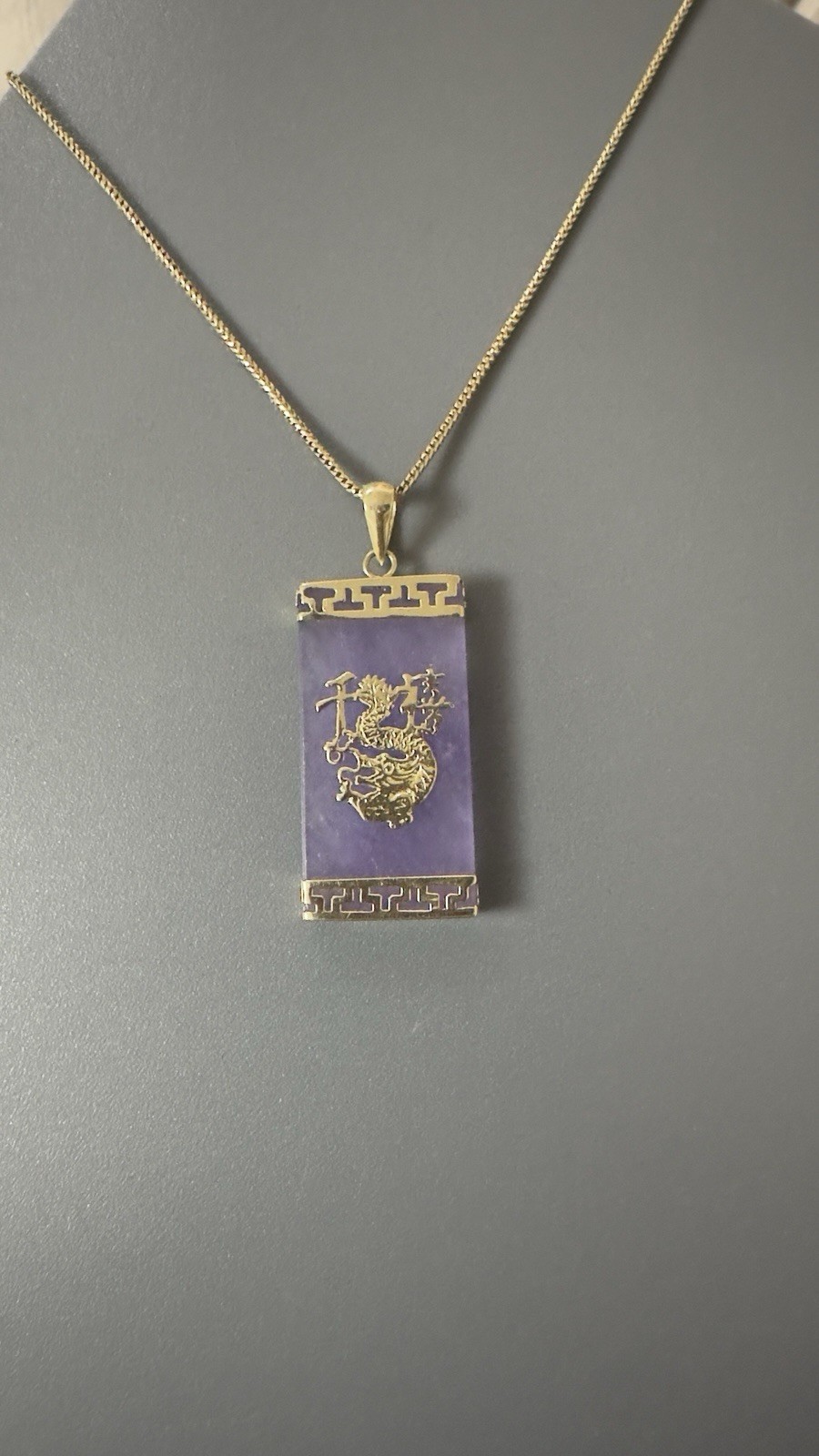14k Solid Yellow Gold Natural Lavender Jade Chinese Dragon Pendant