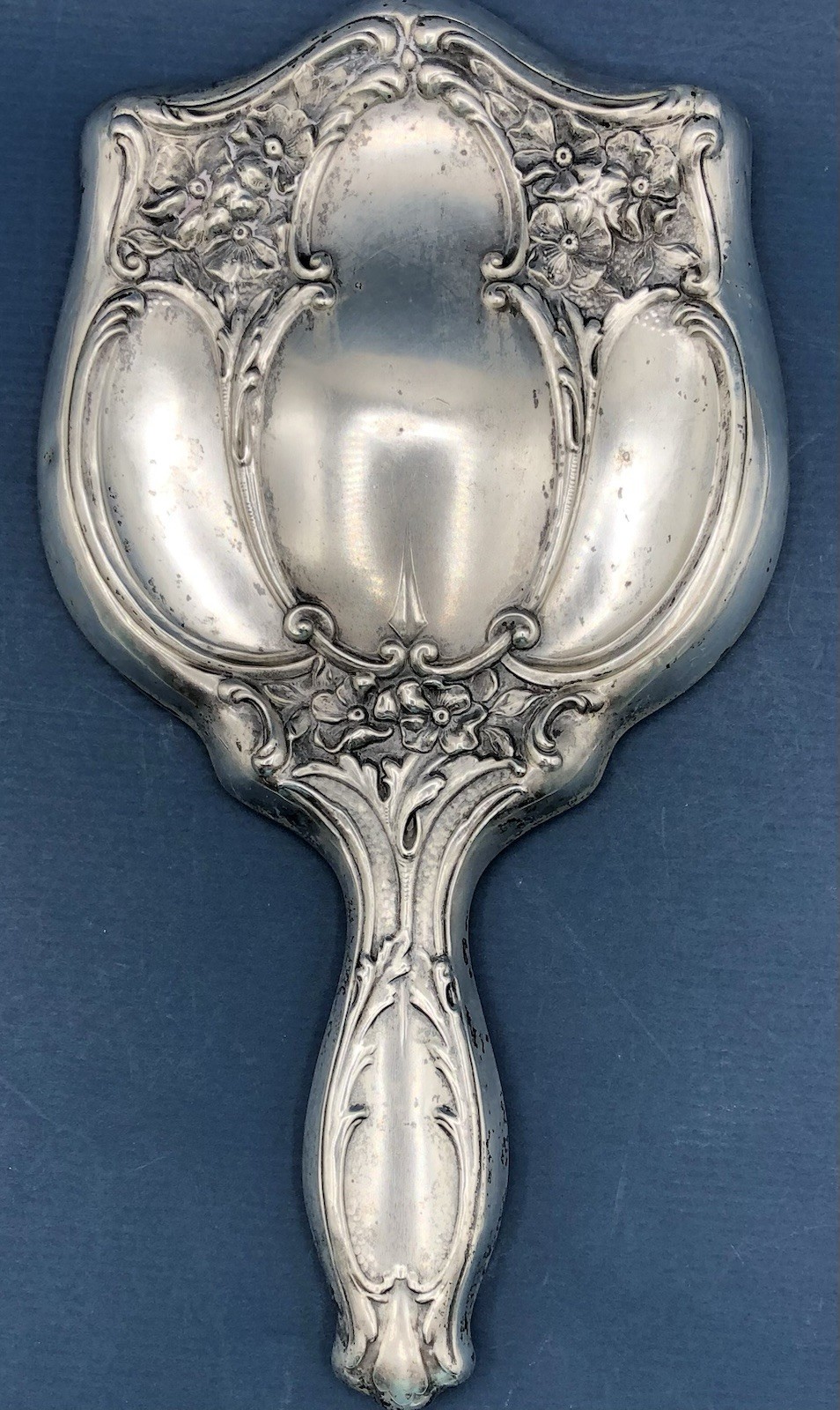 Antique Art Nouveau Sterling Silver Hand Mirror w/ Floral Repoussé /b