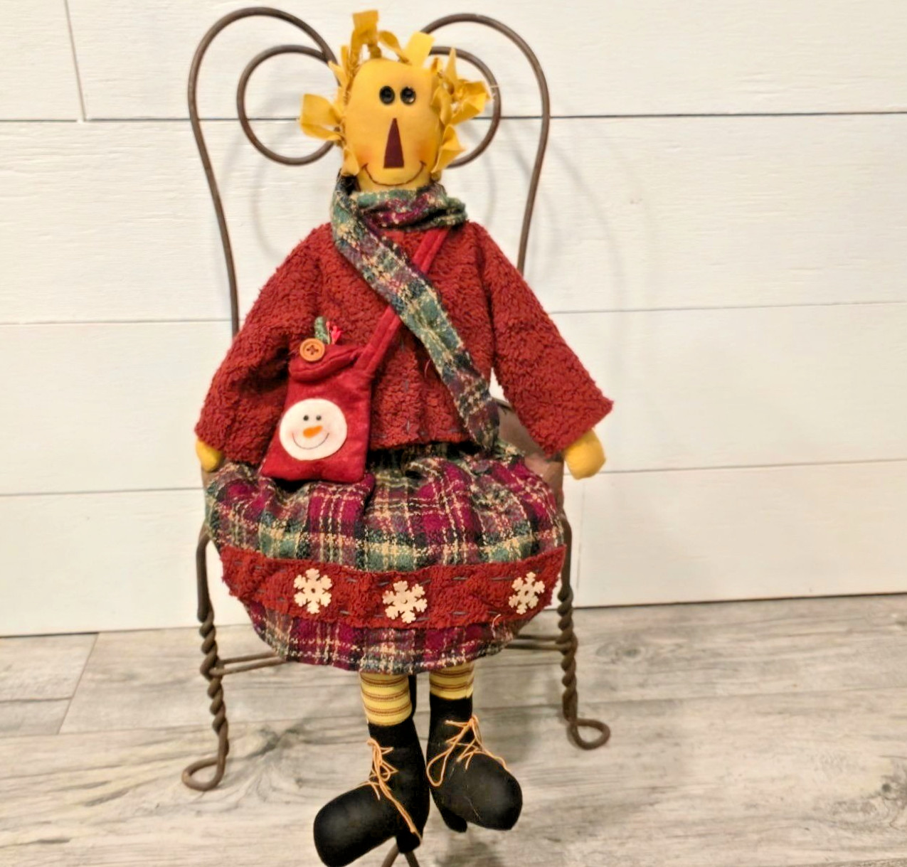 Vintage Primitive Christmas Rag Doll Snowman Folk Art Plaid Decor cozy Handmade