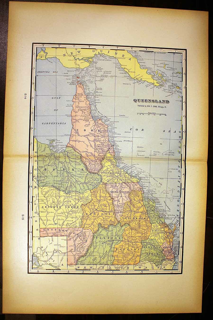 Queensland Australia Antique Color Map 1901 Cram’s 14½” x 22″ New Zealand South
