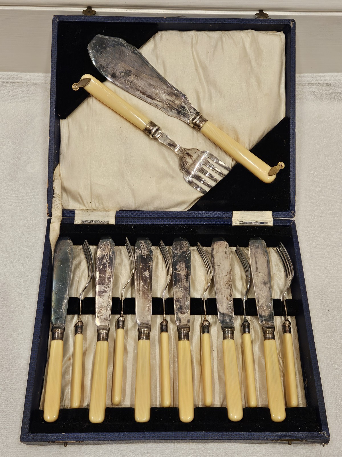 Fish Fork Knife Set English EPNS Silverplate Celluloid Handles with Box