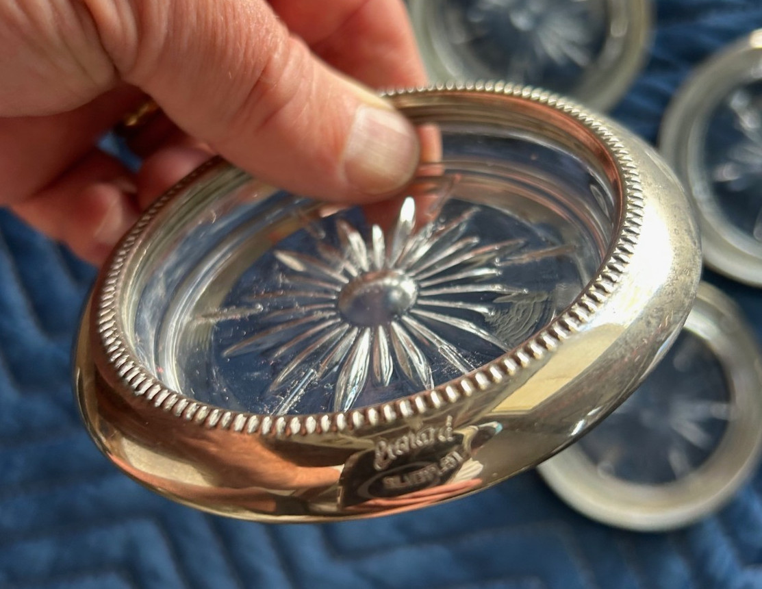 Leonard Silver Plate and Glass Starburst Coasters – Set of Six (6)