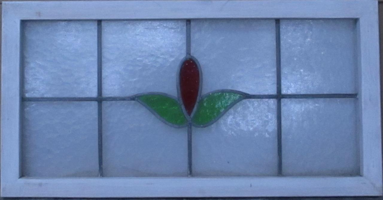 SIMPLE FLORAL LARGE OLD ENGLISH LEADED STAINED GLASS WINDOW 29 3/4″ x 15 1/2″
