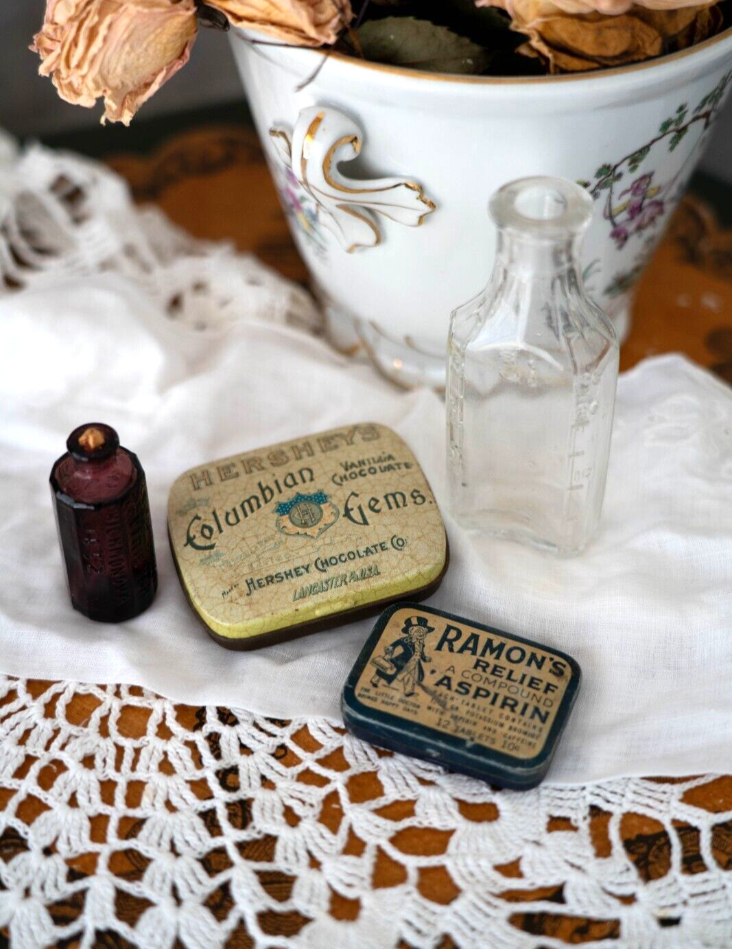 Set of 2 Antique Glass Apothecary Bottles, Aspirin Tin, 1980s Hershey’s Tin