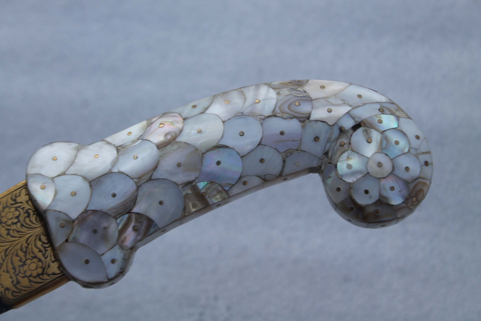 old vintage mother of pearl pistol grip handle gold damascened wootz steel blade