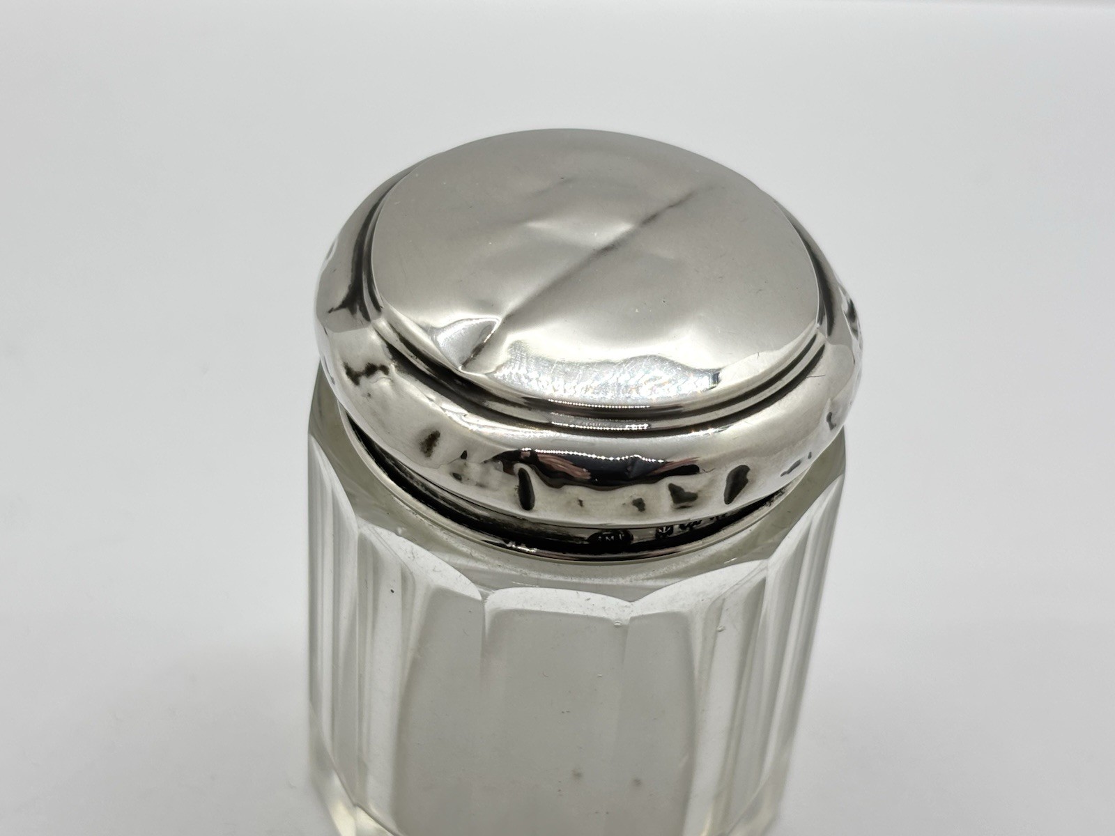Small Antique 1920s Solid Sterling Silver Topped Glass Dressing Table Bottle Jar