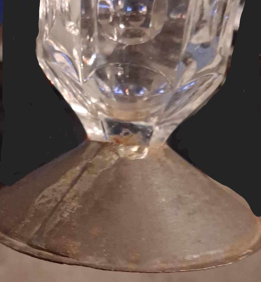 Antique EAPG Make-Do Goblet Adams & Co King’s Crown Primitive Tin Base c. 1880s