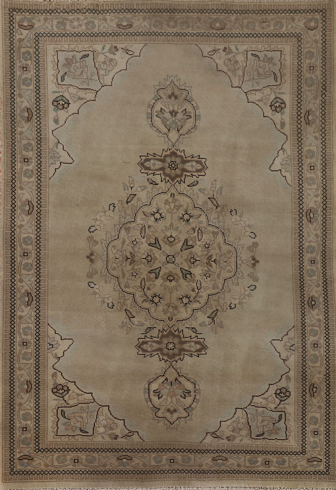 Vintage Muted Brown Geometric Wool Tebriz Traditional Hand-knotted Area Rug 4×5