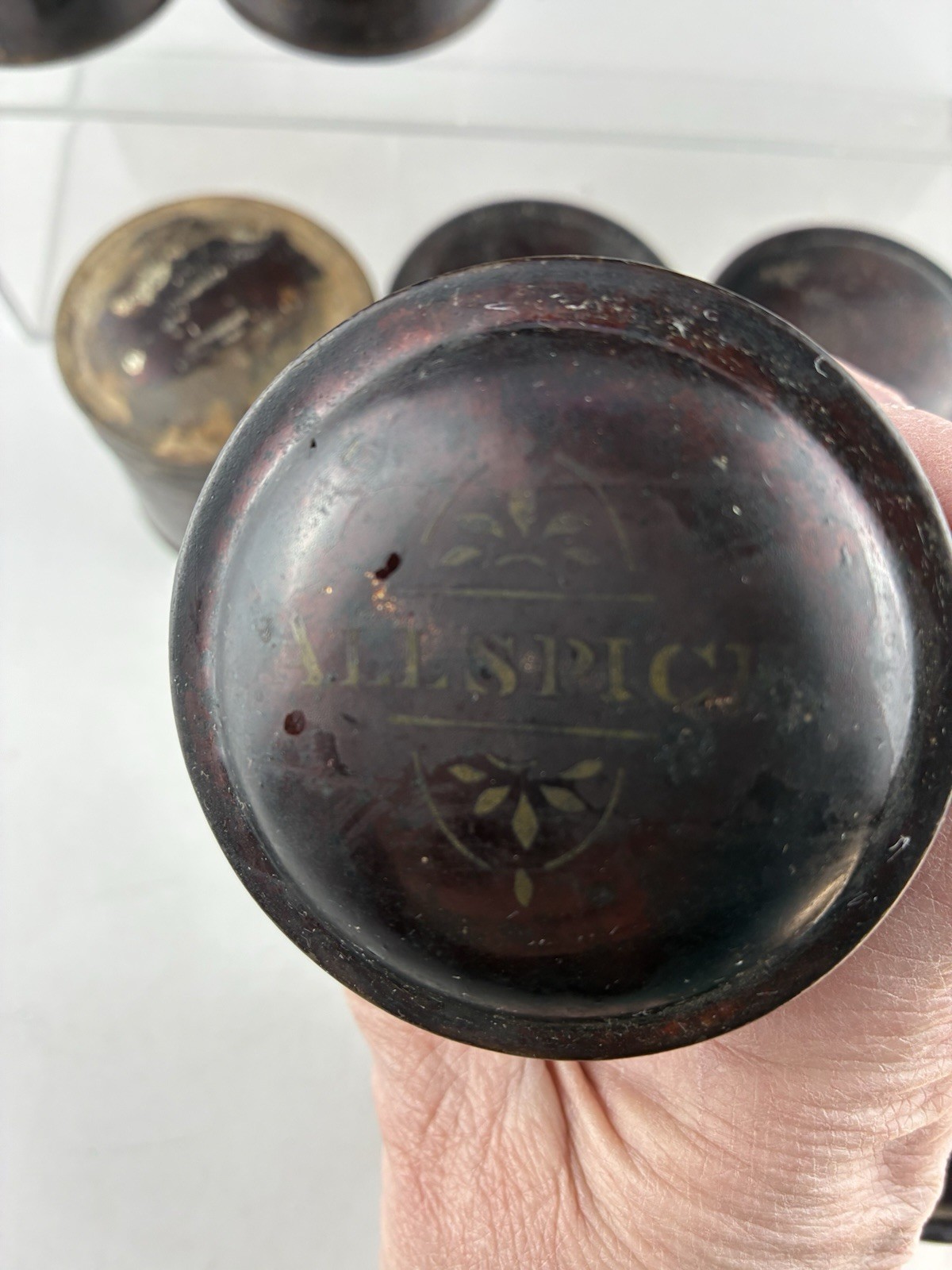 Antique Toleware Tin Spice Box w/ 7 Individual Spice Tins ~ Round w/ Drop Handle