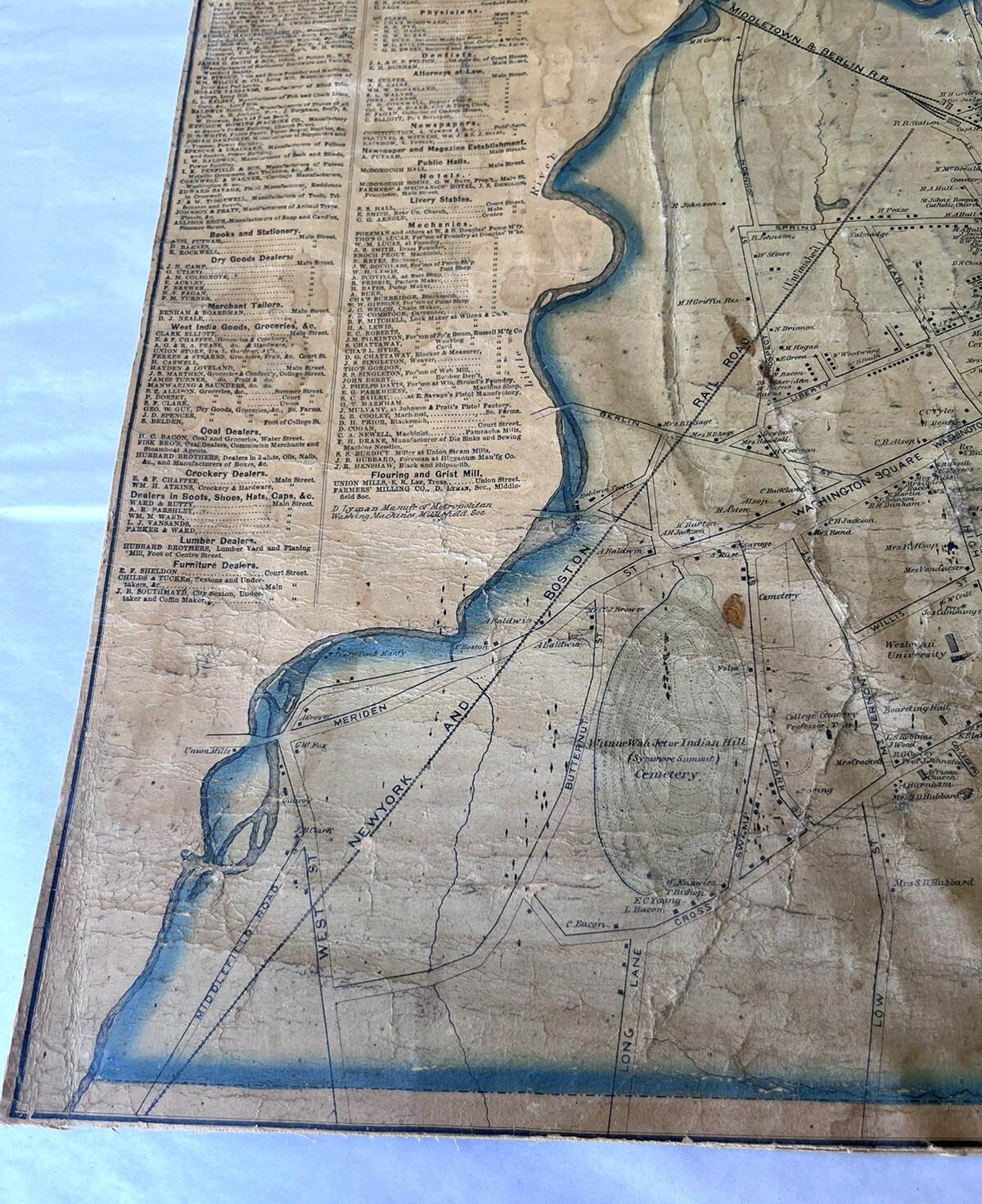 Antique City of Middletown Connecticut Wall Map Business Directory Cloth 17×15″