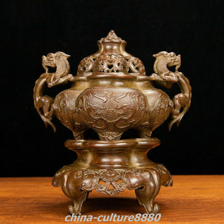 22.5cm Old China Dynasty Pure Bronze 3 lAYER Dragon Incense Burner Censer