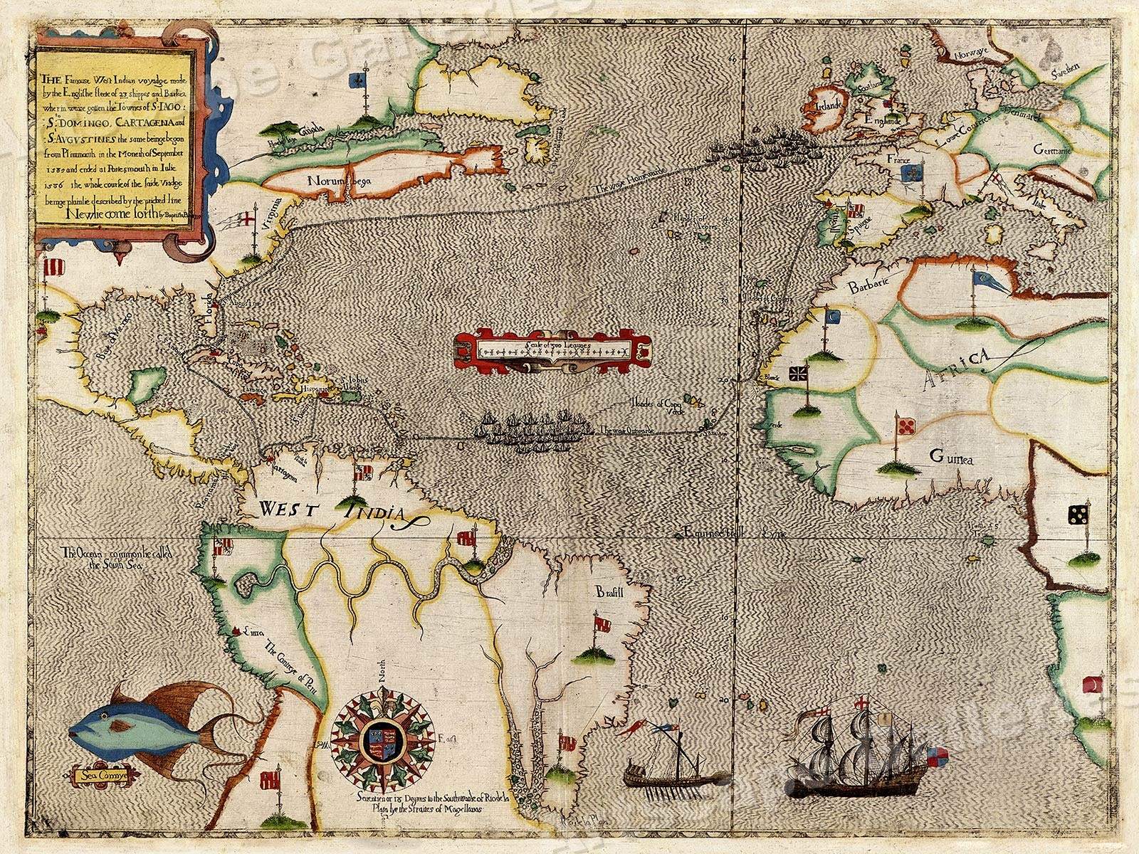 Voyages of Francis Drake 1585 Atlantic Ocean Map – 24×32