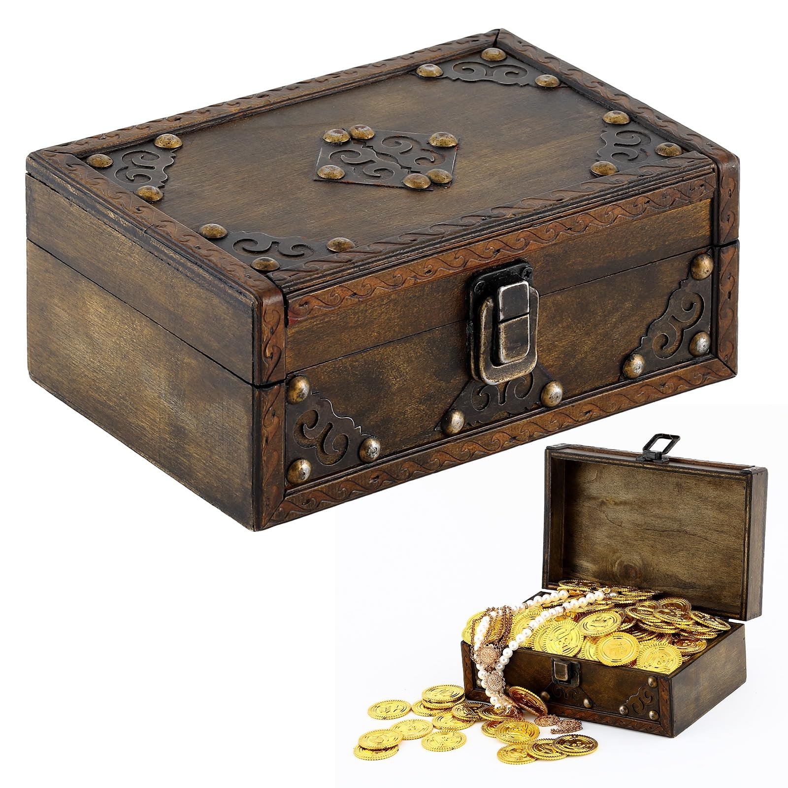 Wooden Treasure Chest 7″ x 5″ x 3″ Vintage Pirate Chest Keepsake Box with Hin…