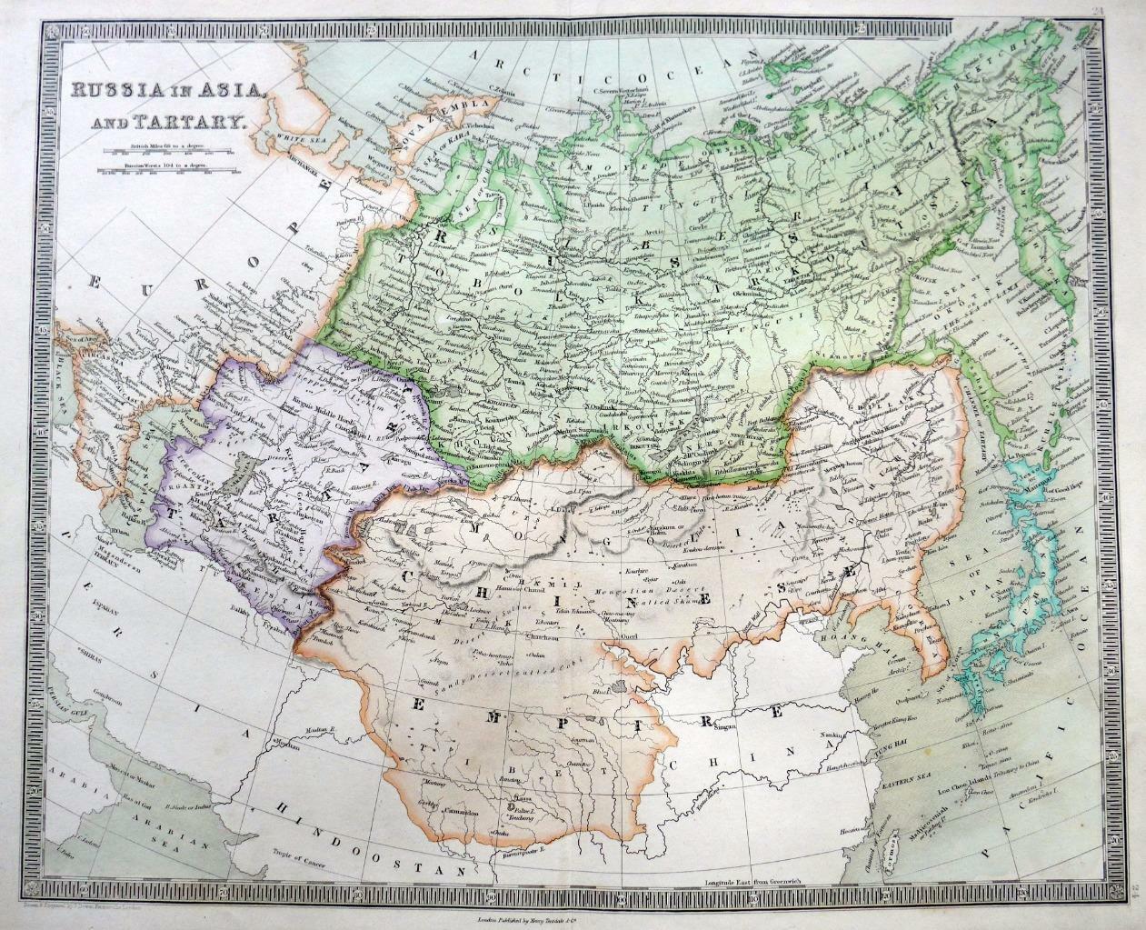 RUSSIA CHINA JAPAN BY DOWER TEESDALE c1844 ENGRAVED MAP ORIGINAL HAND COLOUR