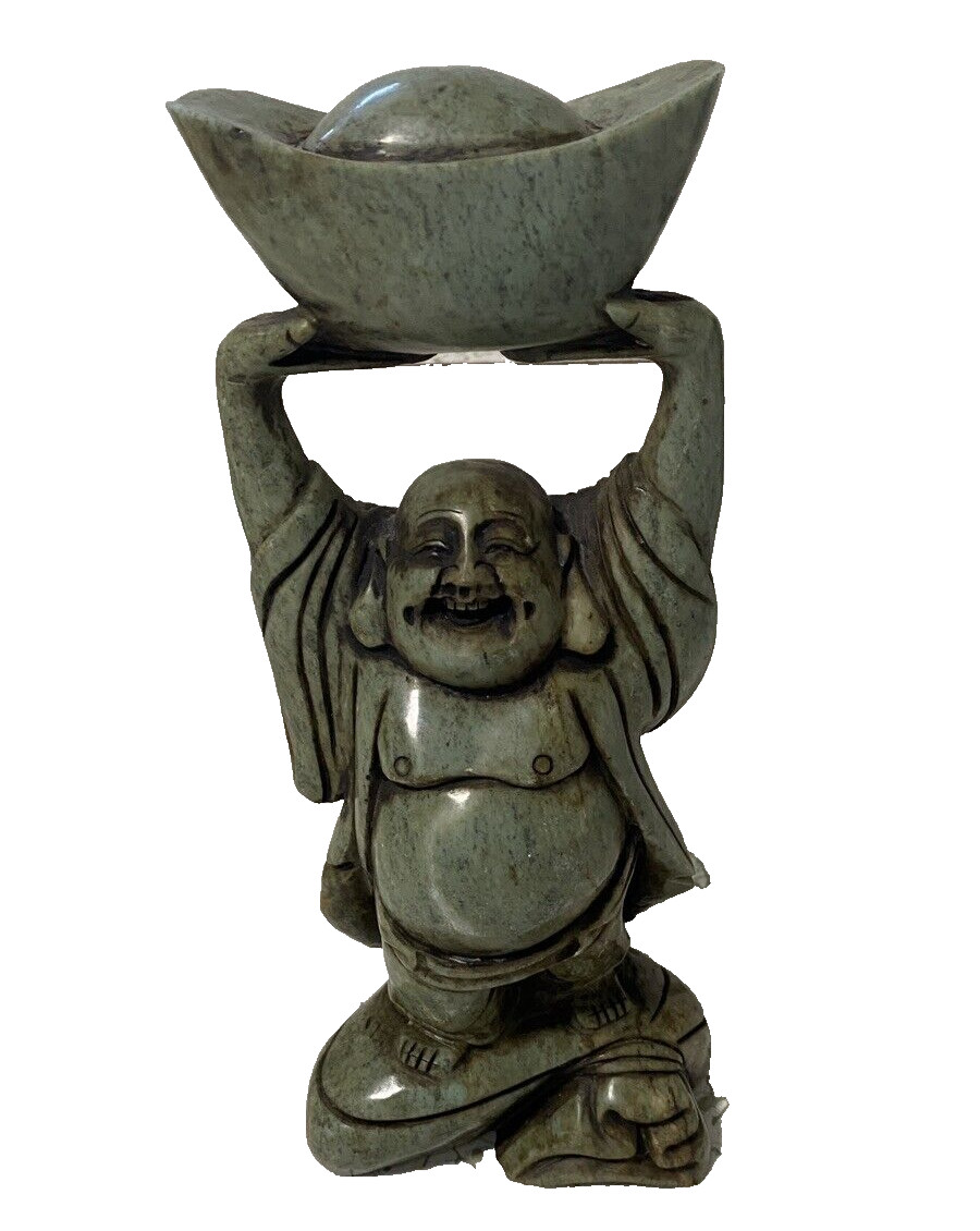 Buddah Hard Stone Carved Green Jade Statue Wealth Happy Laugh