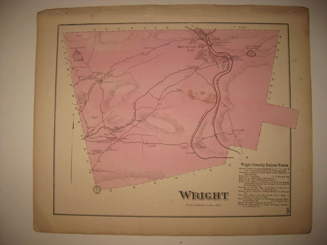 ANTIQUE 1873 WRIGHT TOWNSHIP LUZERNE COUNTY PENNSYLVANIA HANDCOLORED MAP RARE NR