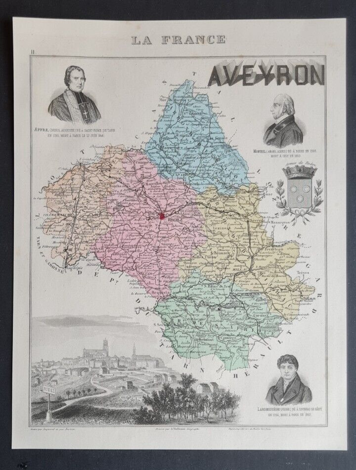 Antique (1882) map – Aveyron – Rodez – France – Vuillemin