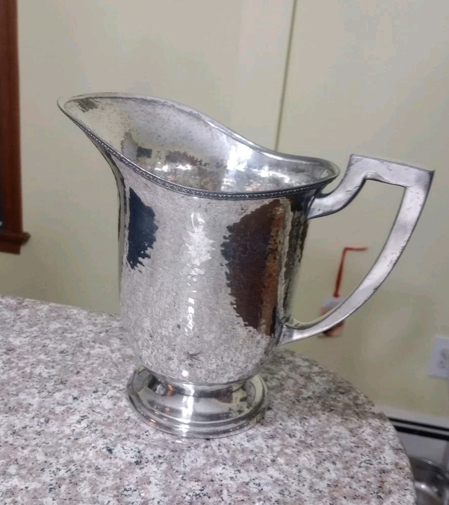 1920’s Empire Art E. & J. Bass, Nickel Silver Hammered Water Pitcher, Antique