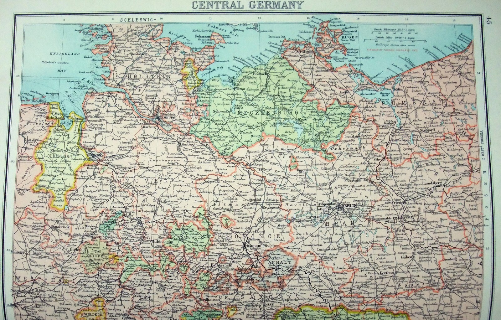 Central Germany – Original 1898 Map by John Bartholomew. Antique