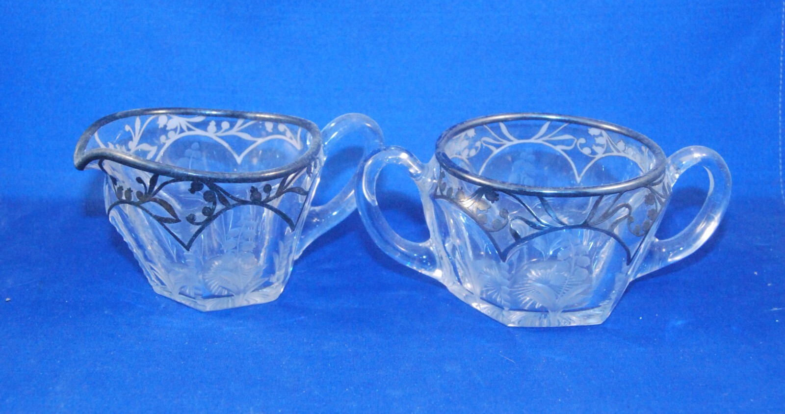 Vintage Glass with Sterling Silver overlay Sugar and Creamer set 3 1/2″ diameter