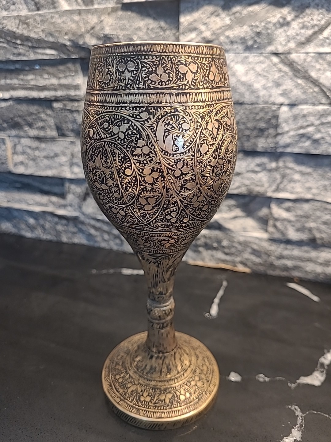 Vintage Kashmiri Niello & Brass Cup 7.25 High Inches High 2.25 Inches Wide