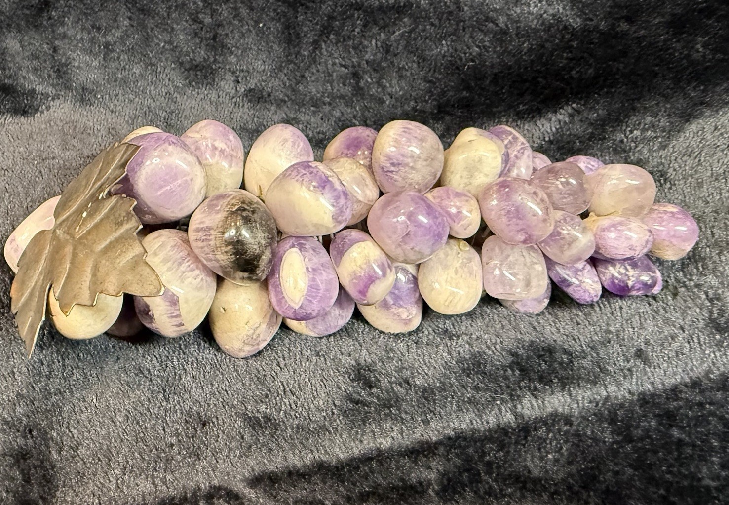 Amethyst Stone Grape Cluster Purple Quartz Crystal Decor w/ Metal Leaf VTG MCM