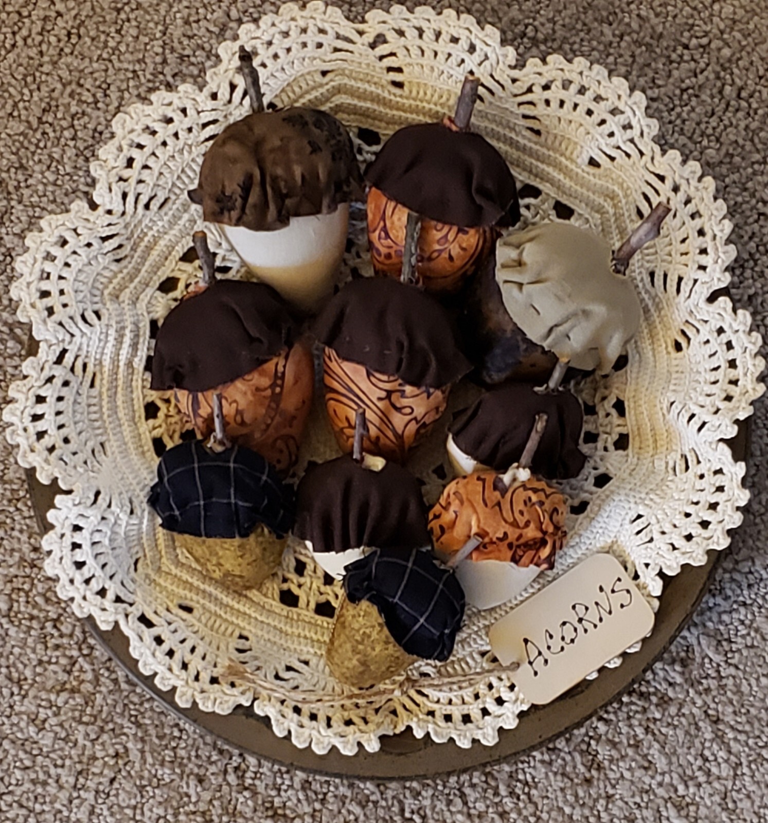 Handmade Set 10 Primitive Fabric Fall Autumn Acorns Bowl Fillers Tiered Tray