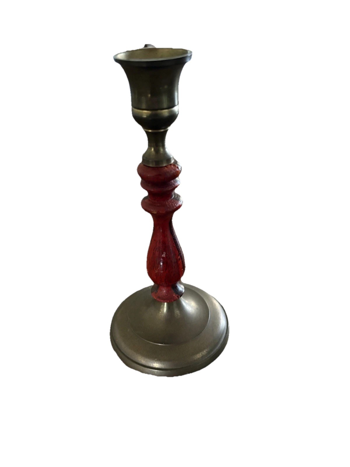 Red Colored Wood And Brass Candlestick Holder Antique