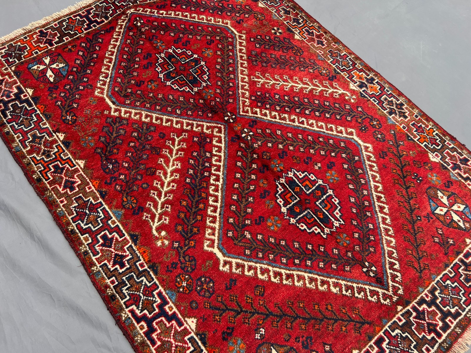 4’1×5’7ft Caucasian Tribal Double Diamond Medallion Handknotted Wool Vintage Rug