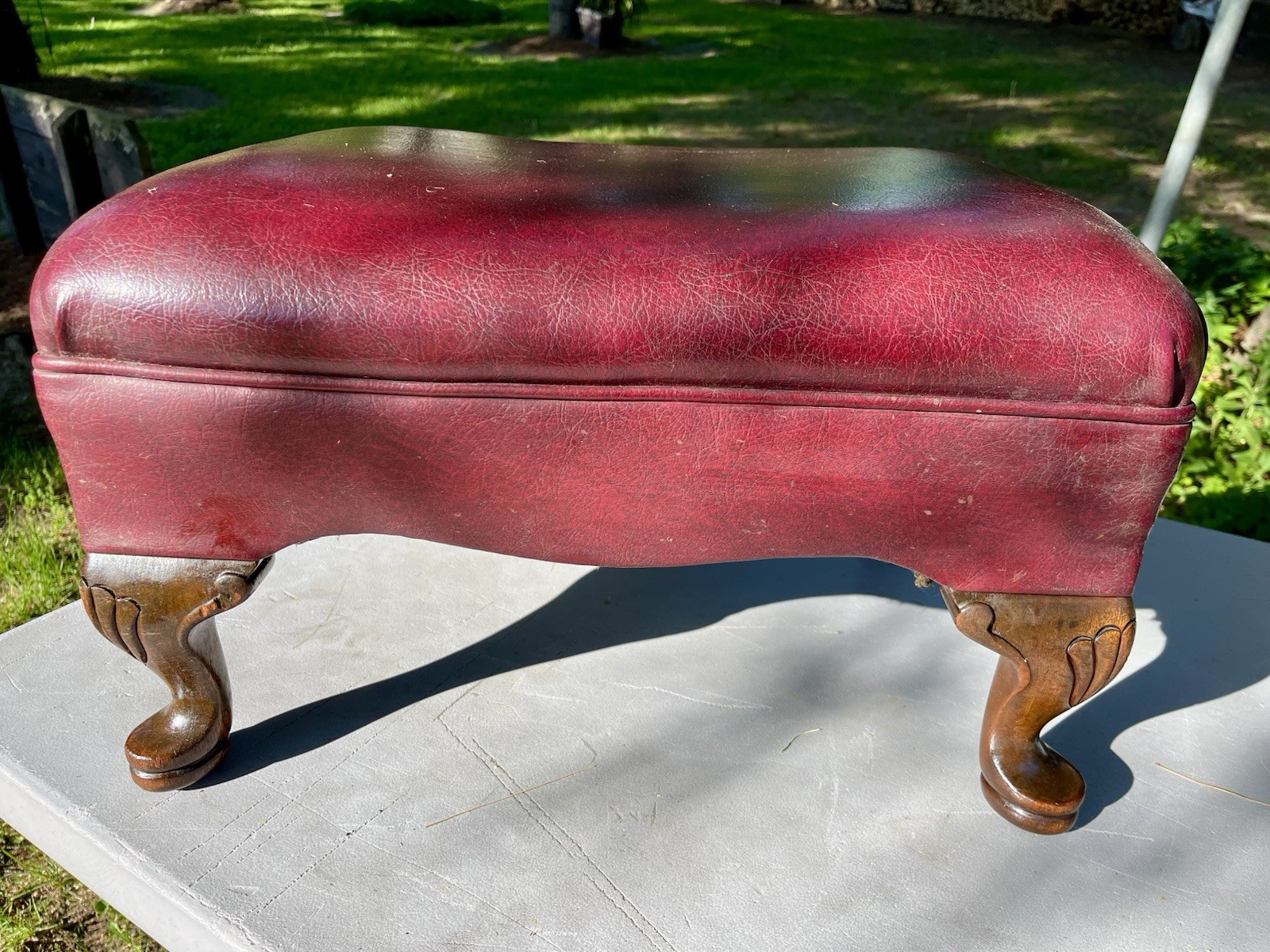 Post War Red Vinyl Rectangular Foot Stool Ottomon Chunky Queen Anne Style Legs