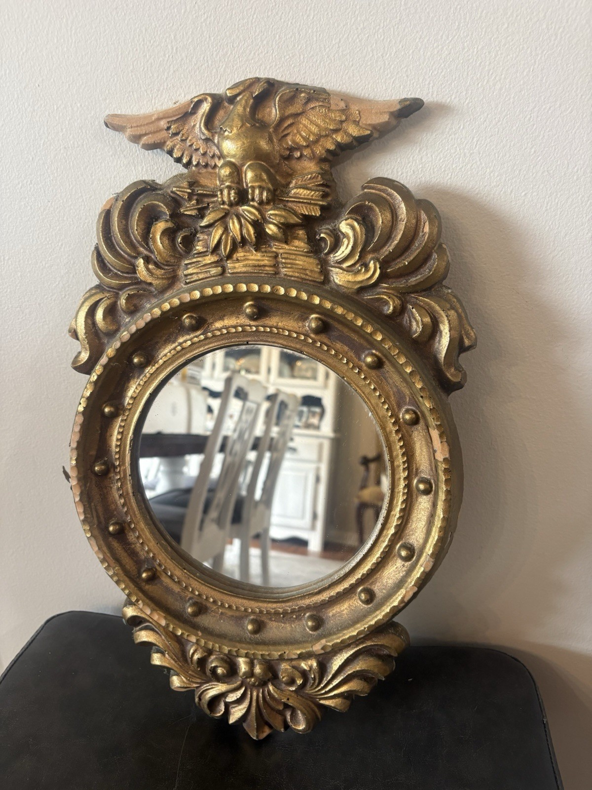 Antique Wood Federal Gold Gilt Porthole Eagle Mirror USA Distressed