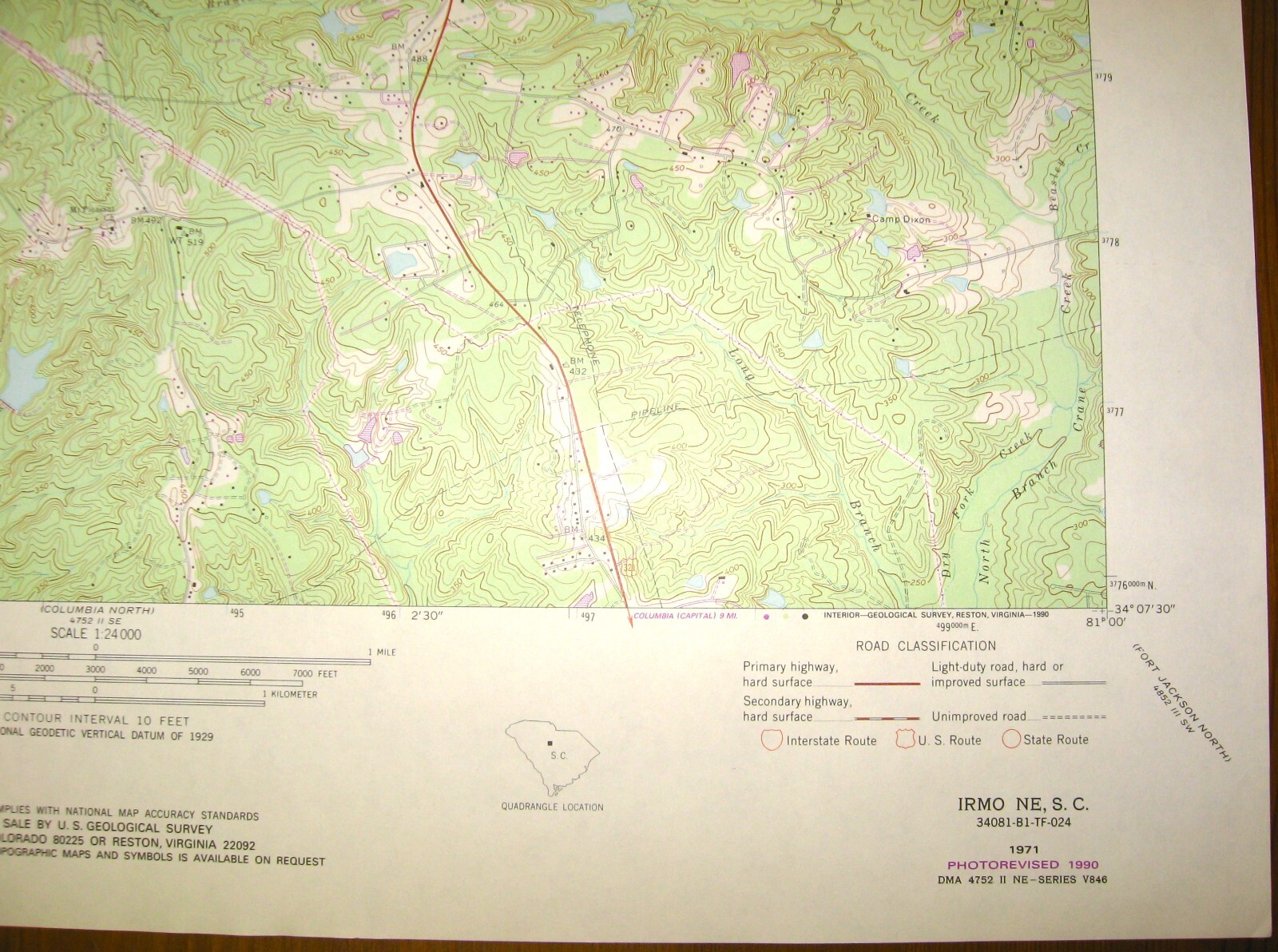 Irmo NE, South Carolina 1971 Photorevised 1990 Original Vintage USGS Topo Map