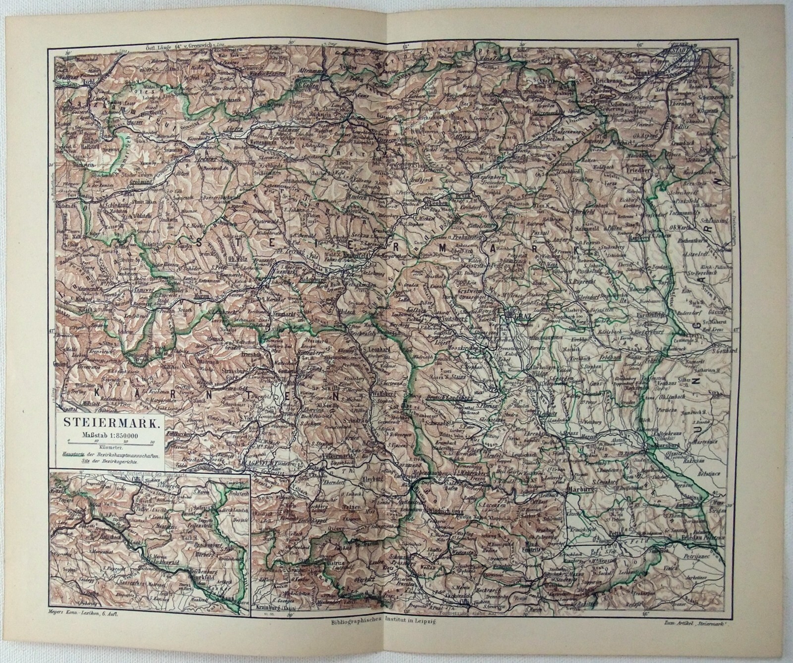 Styria, Austria – Original 1905 German Language Map by Meyers. Steiermark