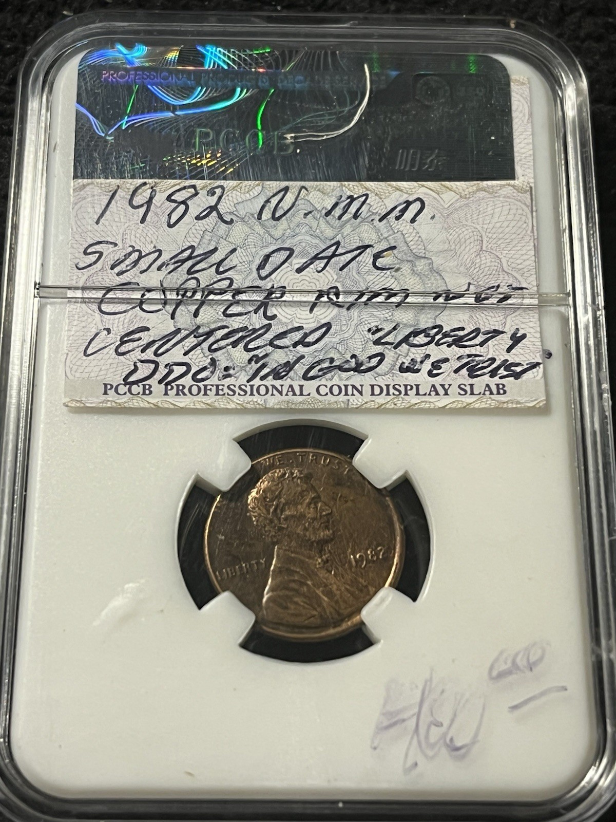 1982 Copper Penny. Small date no mint mark. 3.1 grams Struck Slightly Off Center