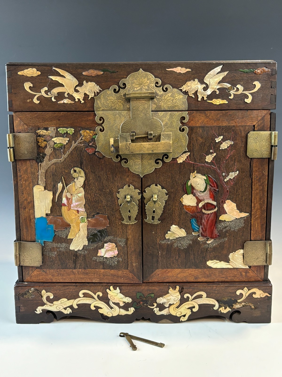 Antique Chinese Inlaid Hardwood Jewelry Cabinet c1900 w Original Bar Lock & Key