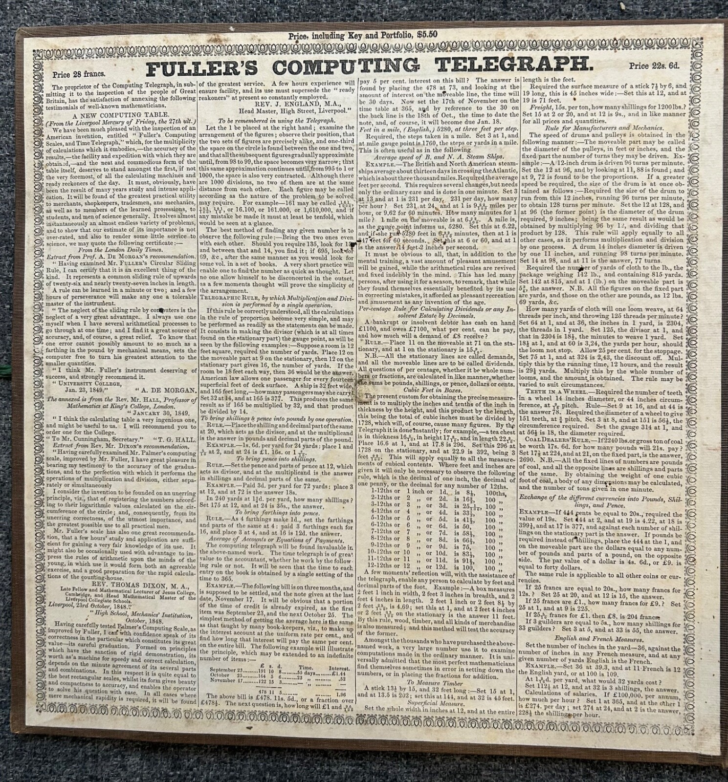 Antique Fuller’s Computing Time Telegraph / Palmers Computing Scale @ 1847