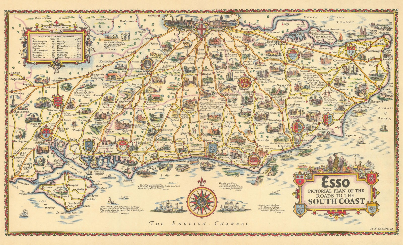 Esso pictorial plan of the roads to the South Coast by A.E. Taylor c1934 map