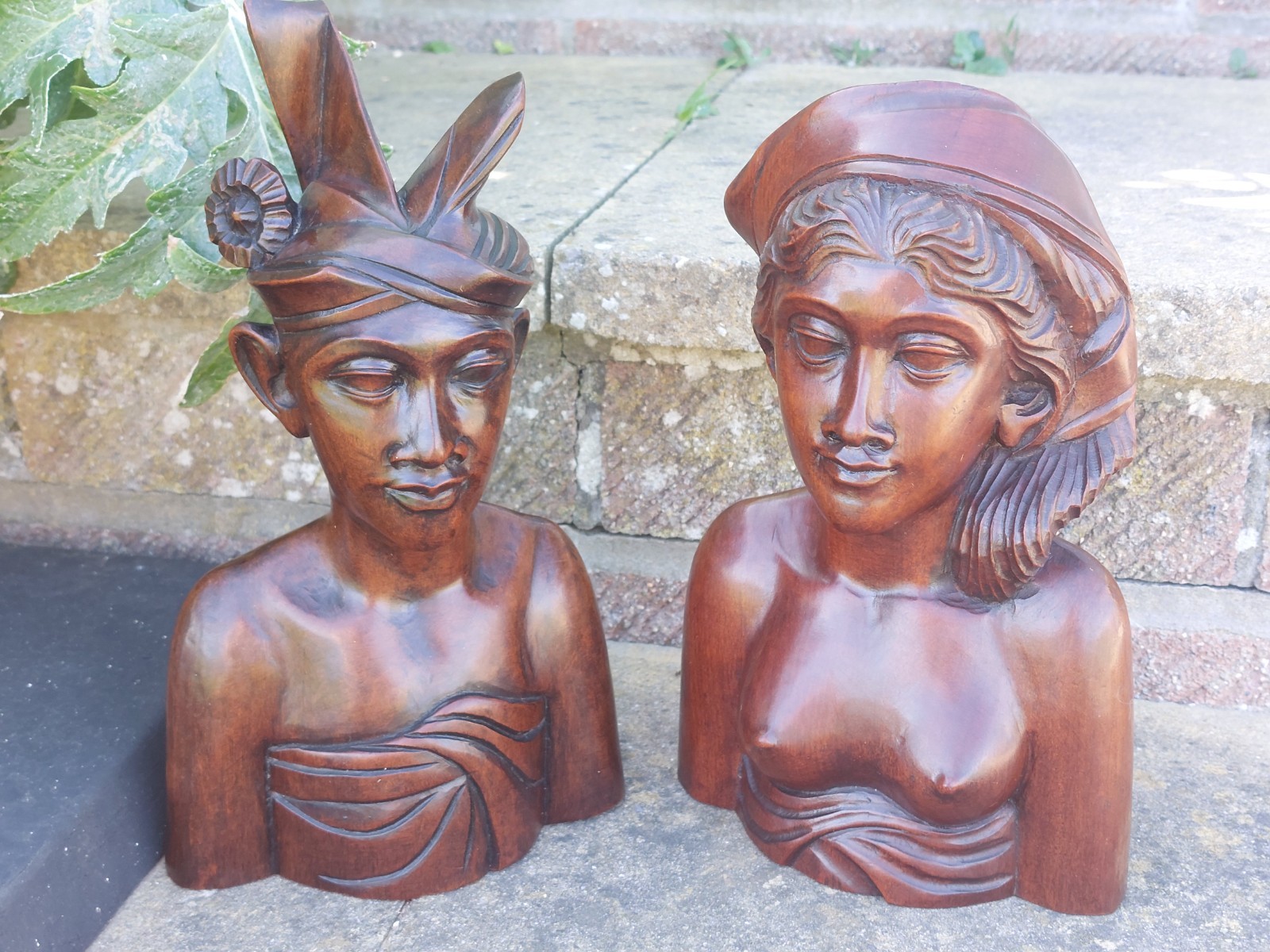 Pair of Beautiful Bali Hand Carved Hardwood Busts Man & Woman, 1.5 kgs Vintage