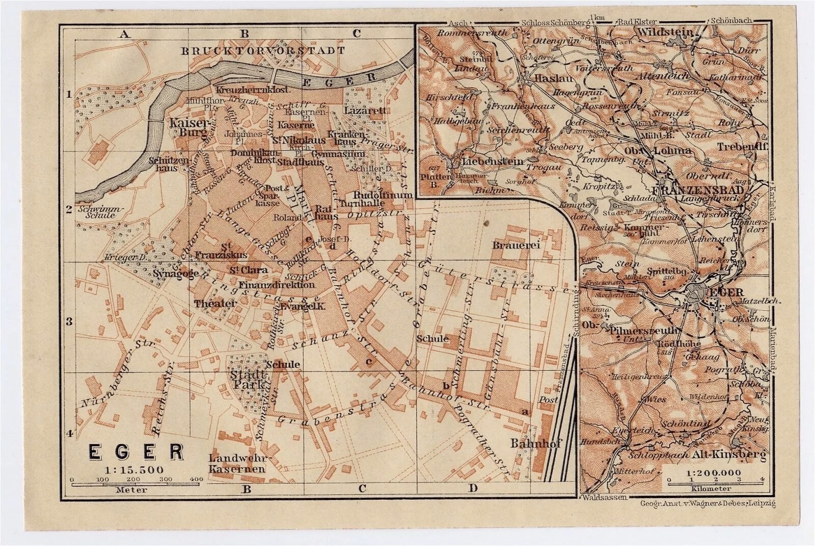 1910 MAP OF CHEB EGER FRANZENSBAD FRANTIŠKOVY LÁZNĚ CZECH REPUBLIC BOHEMIA